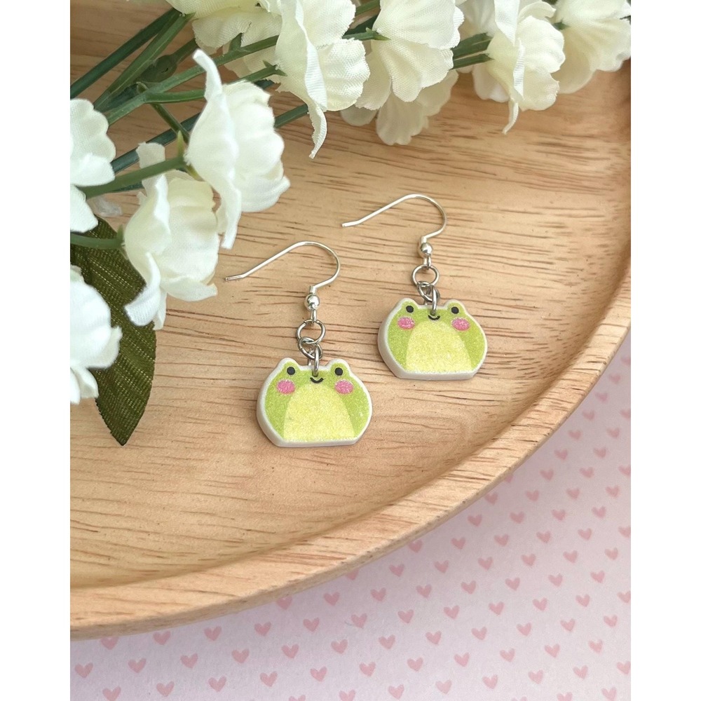 Kawaii Frog Earrings: Polymer Clay Cottagecore Studs